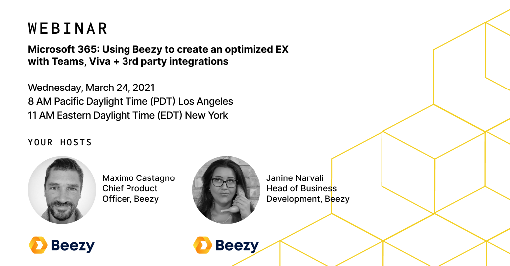 Beezy webinar March 24, 2021 - Microsoft 365 Using Beezy to create an optimized EX with Teams, Viva, Thumbnail
